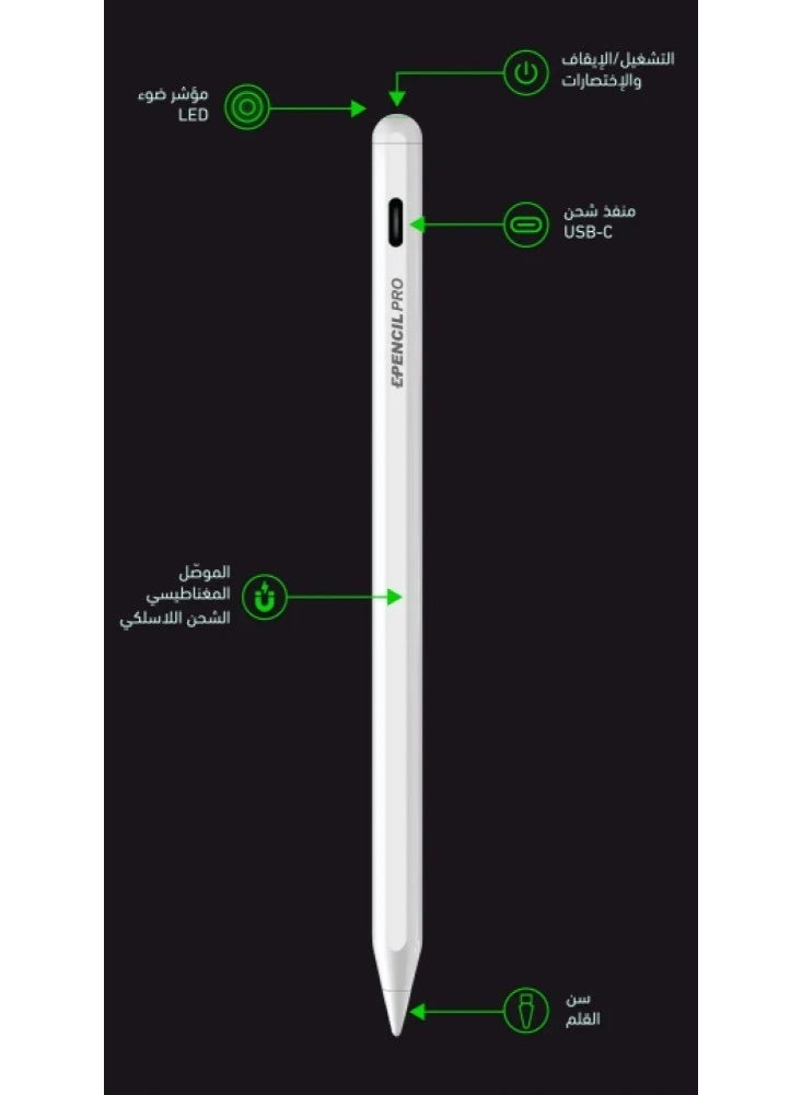 إيون EONE OPENCIL PRO قلم ذكي للآيباد – شحن USB-C ومغناطيسي – حساسية ميل عالية – لون أبيض - Image 2